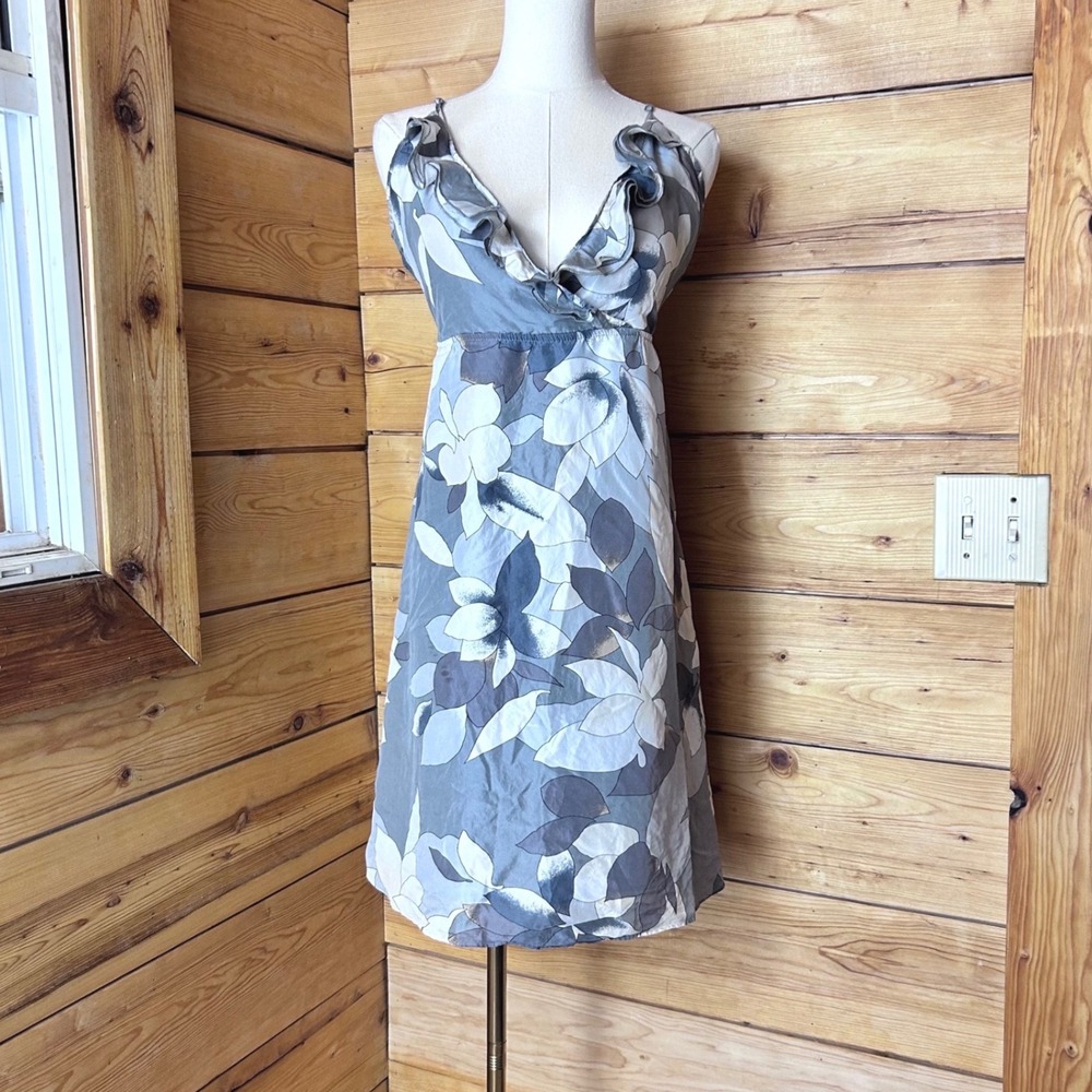 Vintage Silk Slip Dress Women Medium Grey Floral Y2K Ruffle Boho Old Navy